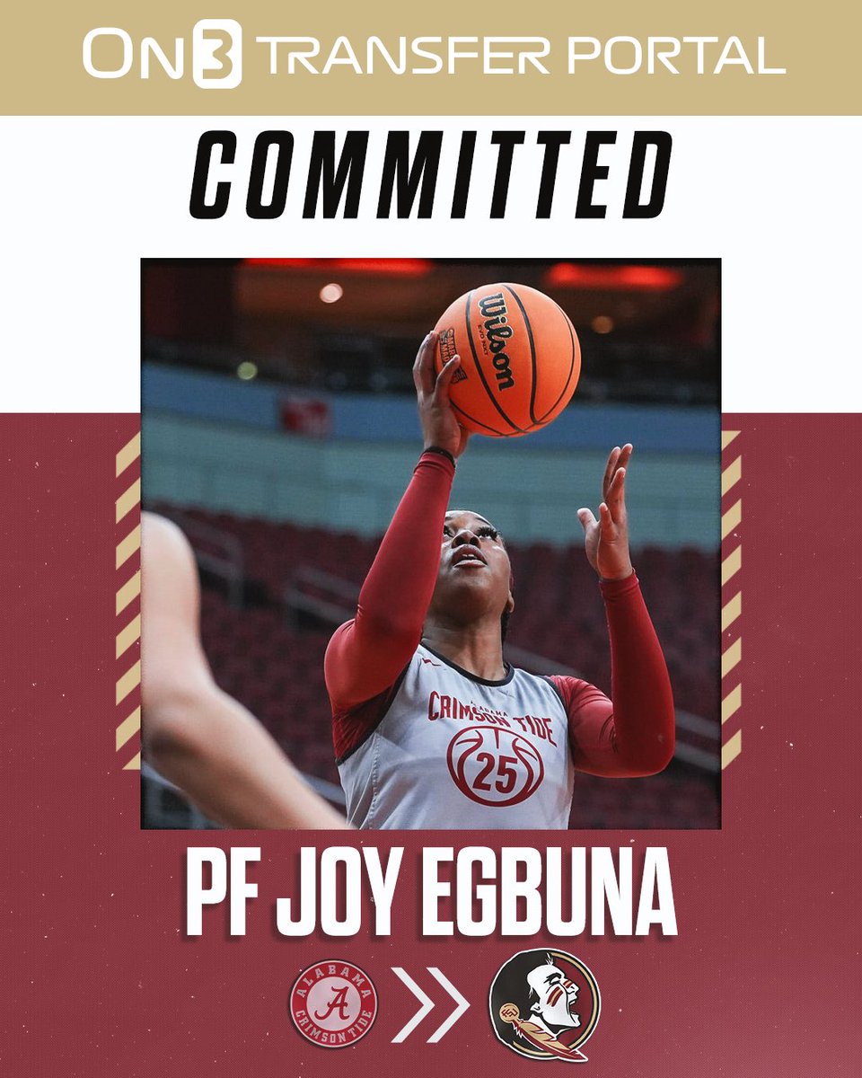 TaliaGoodmanWBB's tweet image. NEWS: Alabama transfer Joy Egbuna has committed to Florida State. 

The 6-3 freshman averaged 1.1 ppg this season. 

TRACKER: on3.com/her/news/on3-2…