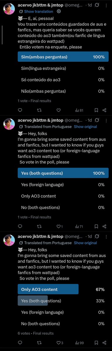 🐺— Eu entrei agora na conta e percebi que houve um erro. Postou 3 vezes a mesma coisa.... Juro que não vilkkkk. 
Vou apagar os posts(infelizmente) e fazer de novo pra vocês votarem, assim, os votos vão ficar tudo em um só