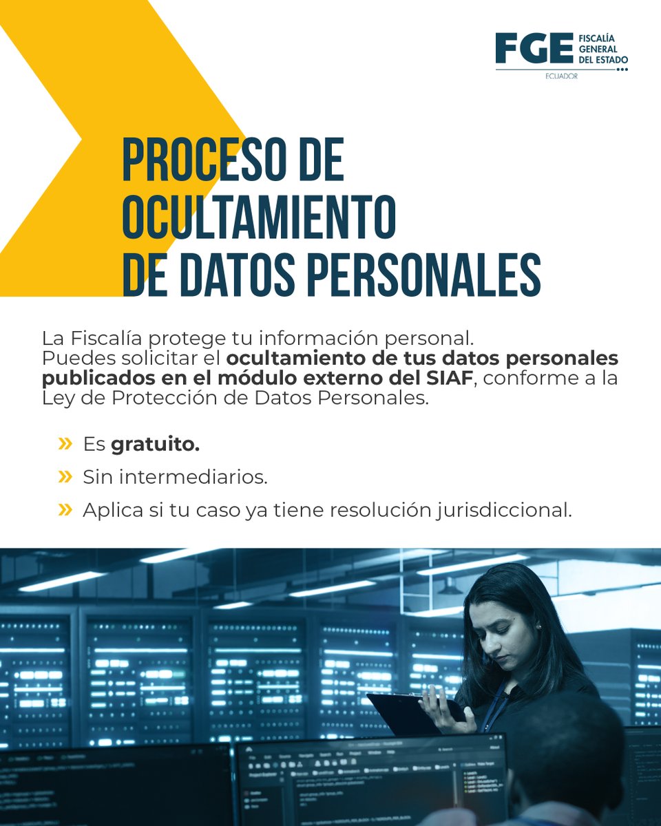 FiscaliaEcuador's tweet photo. La Ley de #ProtecciónDeDatos Personales garantiza el derecho a resguardar tu información. En cumplimiento de esta normativa, #FiscalíaEc ofrece el servicio de ocultamiento de datos personales publicados en el SIAF con resolución jurisdiccional.

🔗 Infórmate aquí: https://t.co/V6KOOYljC6