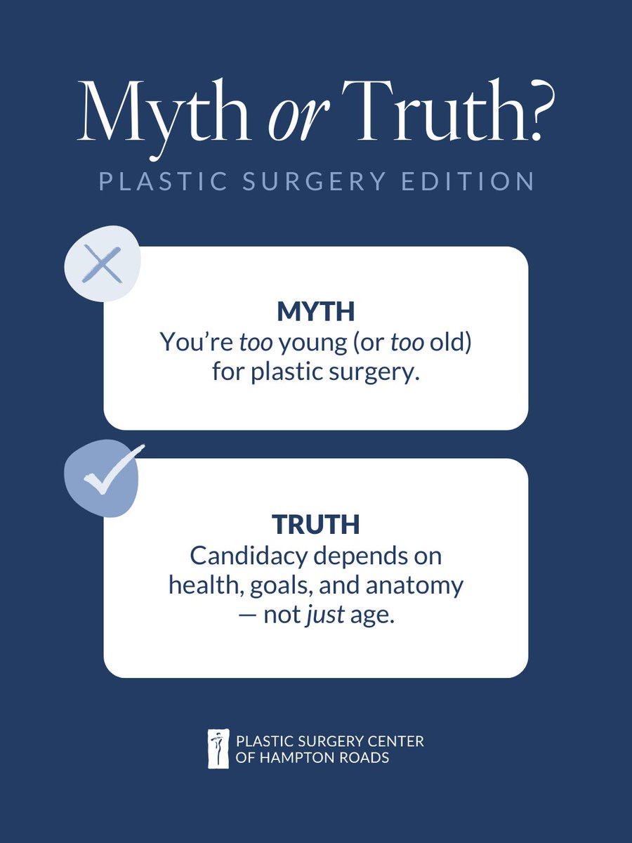 VonuPSCHR's tweet photo. There’s no universal “perfect age” for #PlasticSurgery.

The right time is personal &amp; guided by safety first. 👍

If you’ve been wondering whether you’re a good candidate, let’s have that conversation! ❤️

🌐 | https://t.co/r9Wxu8TRb3

#MythBuster #NewportNewsVA #WilliamsburgVA https://t.co/5yTydmMIb2