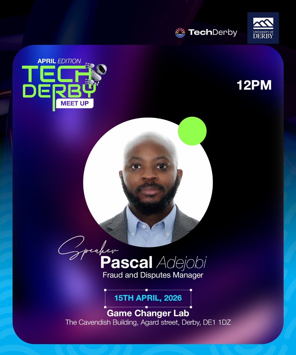 TechDerby1's tweet photo. Meet Pascal Adejobi, our speaker for the TechDerby April Meet-Up.
A Fraud &amp; Disputes Manager with experience across fintech, e-commerce, retail &amp; banking.
Get ready for practical insights on how scams work &amp; how to stay ahead.

#TechDerby #FraudPrevention #Fintech #CyberSecurity https://t.co/KaVvra4fUO