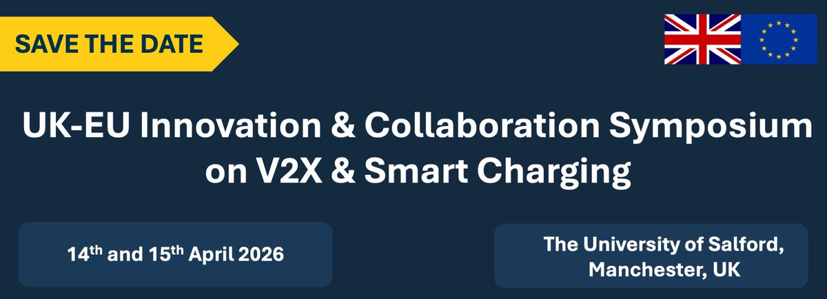 ev4eu_eu's tweet photo. 🇬🇧On April 14-15, #EV4EU will attend the UK–EU Innovation &amp; Collaboration Symposium on #V2X &amp; Smart Charging!

Hosted by @SalfordUni, this event bridges #HorizonEurope &amp; #InnovateUK to accelerate #V2X deployment across borders.

More: https://t.co/aDdur15FB8 https://t.co/M8QVNu1Soe