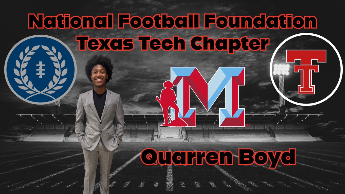 NFFTexasTech's tweet photo. Next up: Quarren Boyd, Monterey
First-team all-district DB; second-team all-district WR; distinguished honor graduate; top 10% of class; Academic Excellence Award; NHS; all-district WR/DB;  honorable mention All-State academic; football captain.
@Monterey_Sports | @NFFNetwork https://t.co/La3DAN2z6I