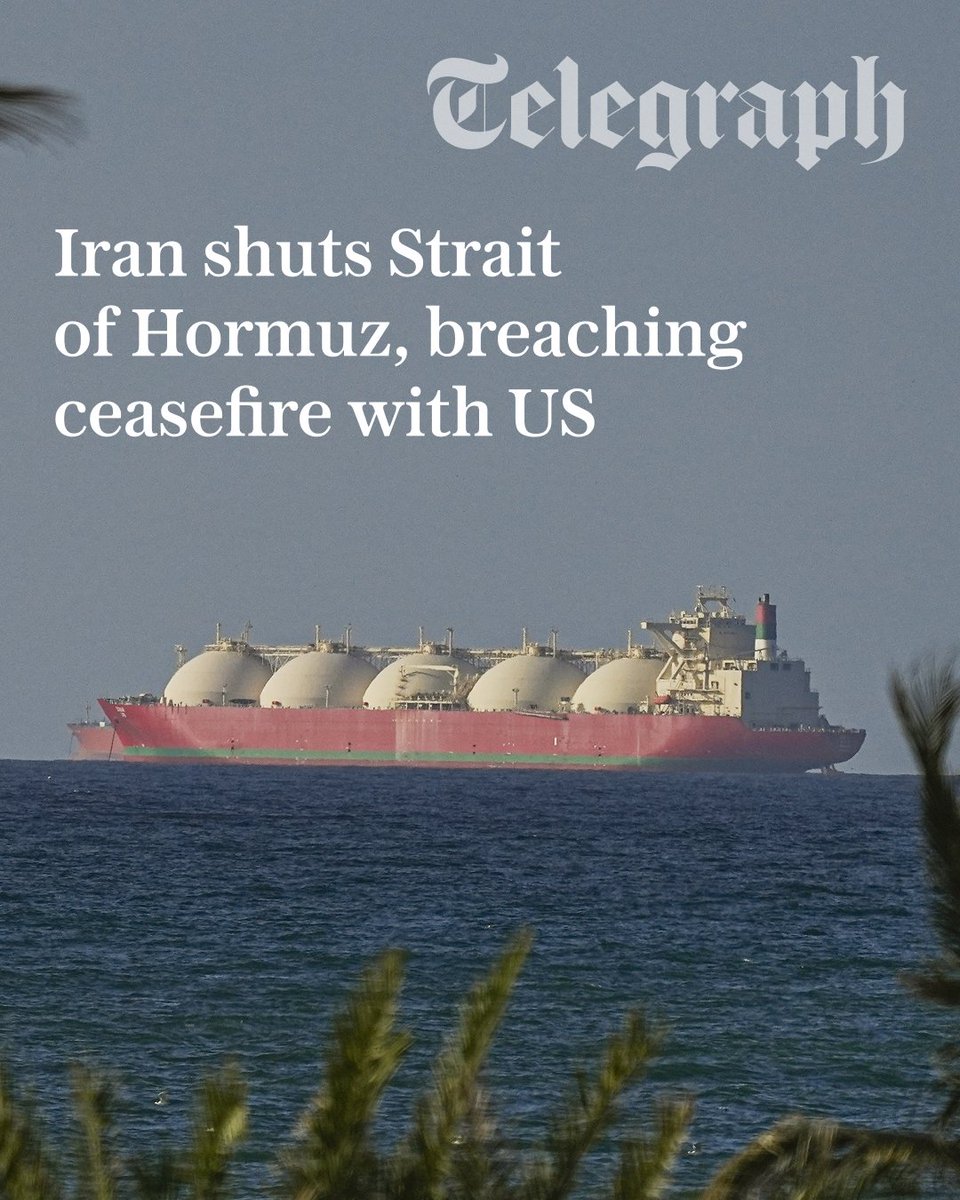 Telegraph's tweet image. 🔴 Iran has stopped oil tankers passing through the Strait of Hormuz, breaching the terms of its ceasefire with the US.

The regime’s state media reported that traffic was forcibly halted in response to Israel carrying out its heaviest strikes of the war against Lebanon