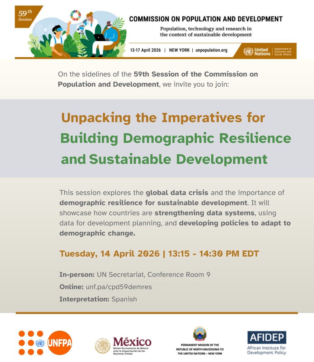PopDevUNFPA's tweet photo. 🔔Save the date

Join us w/ Govts of Mexico &amp; N. Macedonia &amp; @Afidep for a #CPD59 event:

Unpacking the imperatives for building demographic resilience and sustainable development

🗓 14 April
⏰1:15–2:30PM EDT
📌CR. 9,UNHQ
📺https://t.co/qAAnsXzuXJ

Read: https://t.co/JVMADJsIKg https://t.co/EnjBvuVeJU