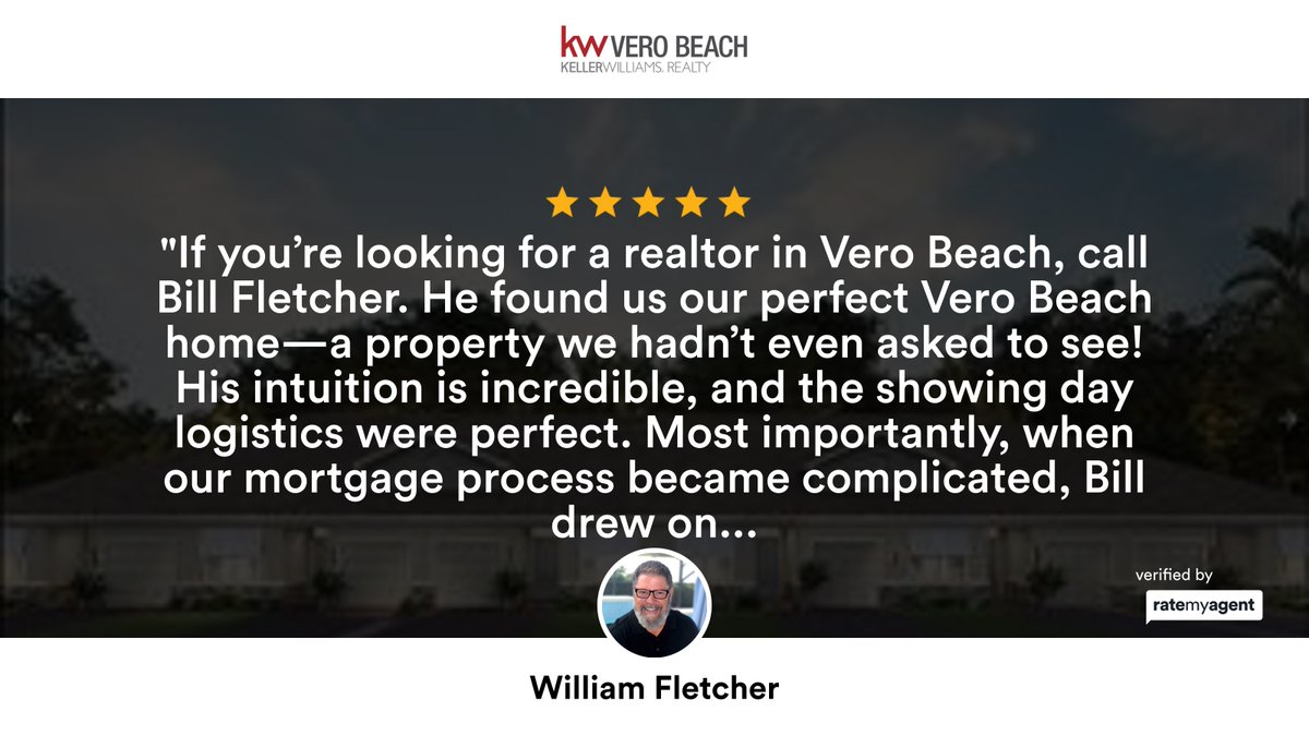 VeroRealtorBill's tweet photo. My latest RateMyAgent review in Wabasso.
SL  3587407
https://t.co/pSe5M0T5bs

...
#ratemyagent #realestate #Keller_Williams_Realty_of_Vero_Beach https://t.co/hoLwESmif5