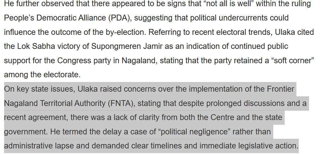 <a href="/SPhangnon/">S. Phangnon Konyak</a> Shri <a href="/saptagiriulaka/">Saptagiri Ulaka</a> Hon'ble MP (LS) has rightly pointed out that the ruling BJP govt has delayed the FNTA. Is this not an issue for the people of Nagaland? Shri Ulaka, who's also the Incharge of <a href="/INCNagaland/">Nagaland Congress</a>  state has spoken the voice &amp; aspirations of the Naga people belonging