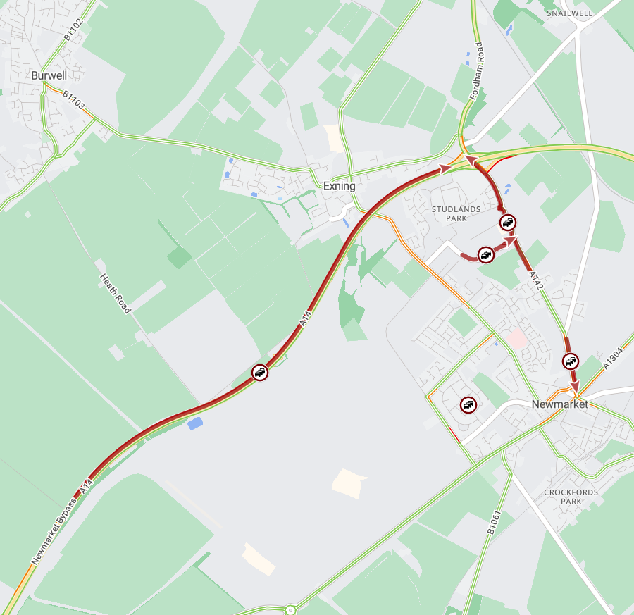 Cambs_Traffic's tweet image. ⚠️#A14 eastbound approaching J37 #Newmarket; DELAYS due to a reported road traffic collision.

Please approach with care and allow extra time for your journey.