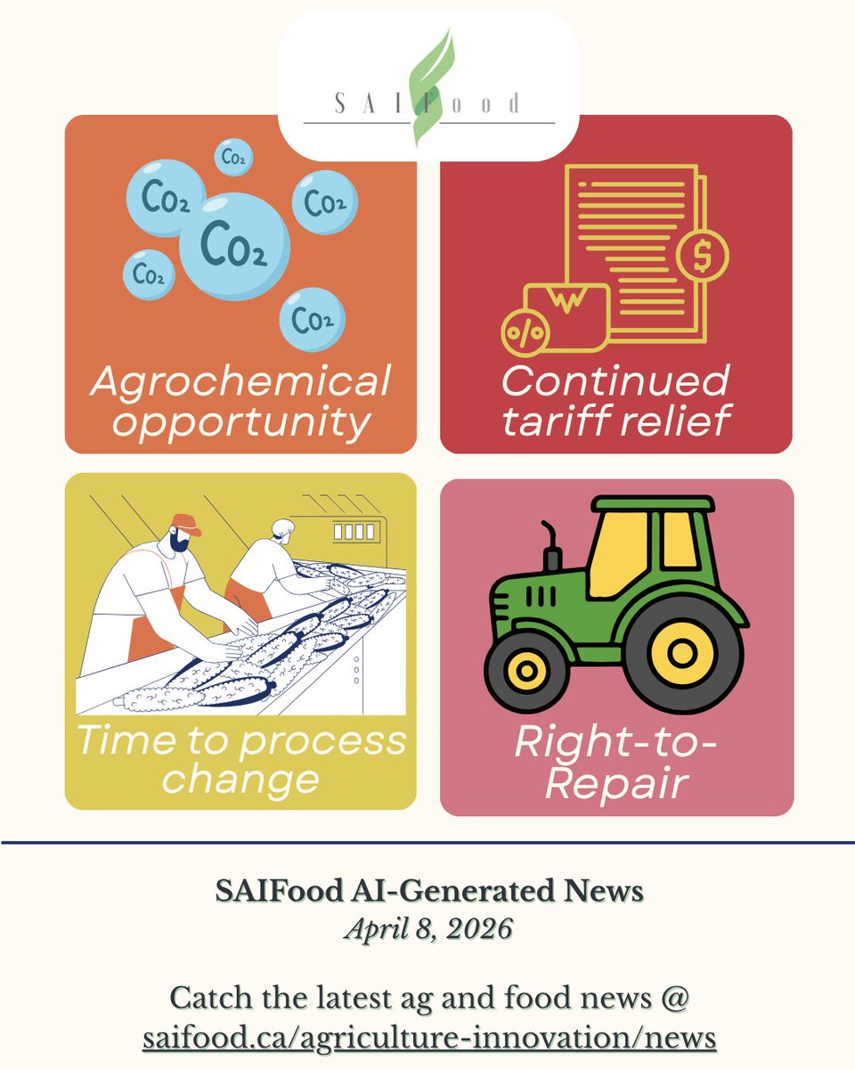 SAIFood_blog's tweet image. This week's #AIGeneratedNews:

🇨🇳 How tariff relief looks one month in
💡Bioelectric conversion opportunities
🏭 What's wrong with Canada's processing sector?
🚜 Deere's right-to-repair settlement

...&amp;amp; more!
Check it out 👉 saifood.ca/agriculture-in…