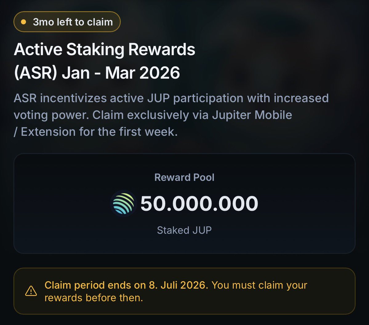 jup_uplink's tweet image. ASR are LIVE on Rewards Hub 🎁

All stakers are eligible to claim their staking rewards until July 8th 

And as always

Just use Jupiter.