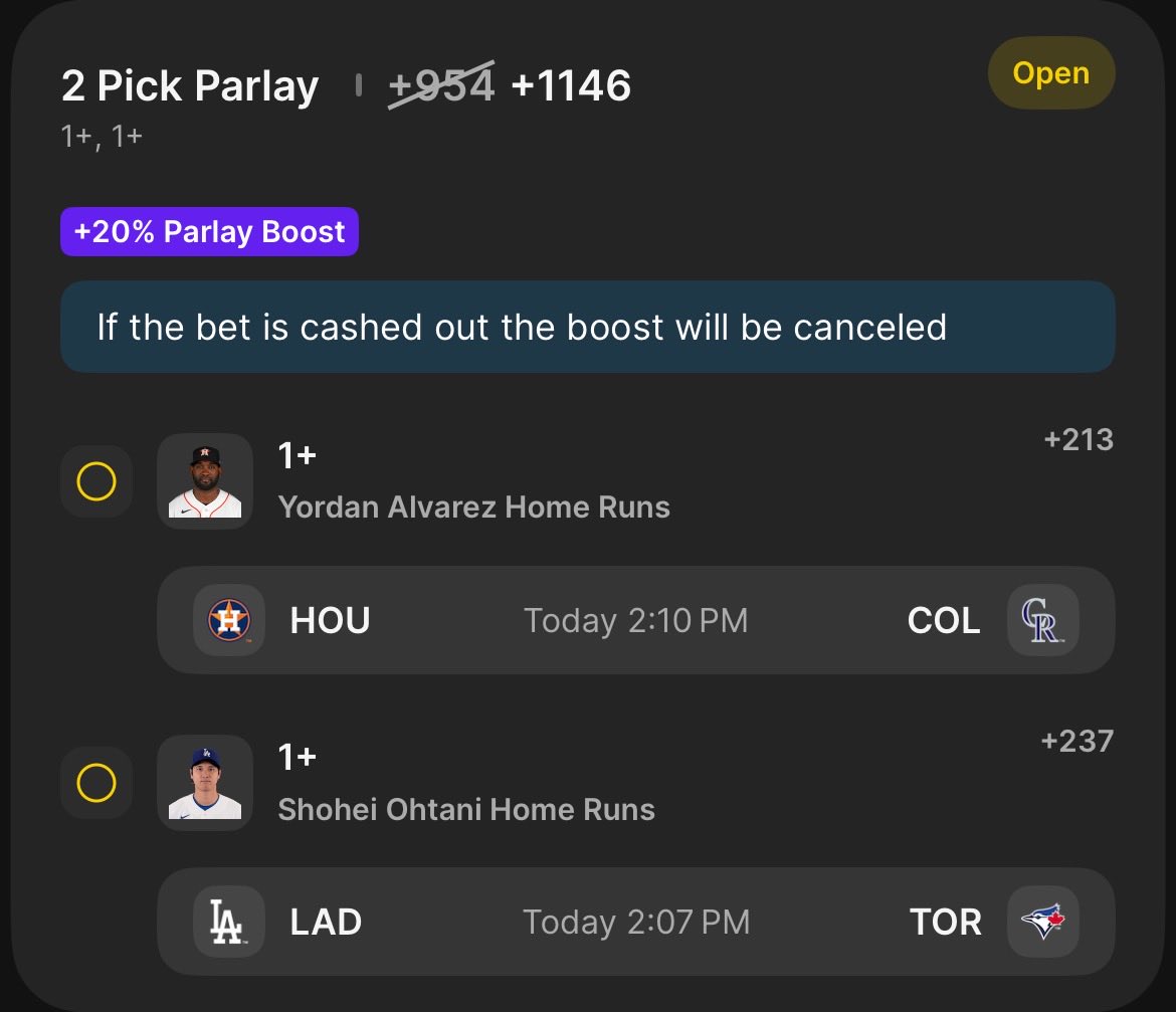 Huge cash last night on the HR parlay (+3118) 🫡 Let’s keep it rolling 💰 

Judge/Peña/Springer 1+ H (.5U) 💥 

Alvarez/Ohtani 1+ HR (.1U w/ 20% boost) 💣 

#RepBx #ChaseTheFight #BlueJays50 #Dodgers #MLB #sportsbettingpicks #StatsCash