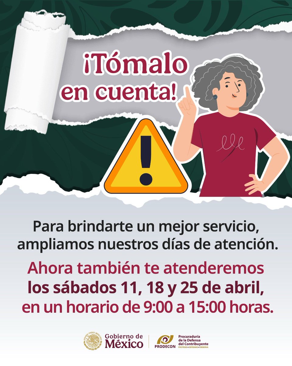 ProdeconMexico's tweet image. Sabemos que entre semana puede ser complicado encontrar tiempo para presentar tu Declaración Anual 2025. ⏰ 💼

Por ello, este mes ampliamos los horarios de atención, facilitando que puedas acudir en un horario que se adapte mejor a tu rutina. ✅

No dejes pasar esta obligación