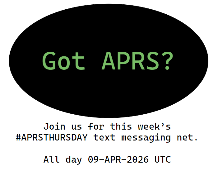 kc8owl's tweet photo. WHAT: #APRSTHURSDAY net
WHEN: 09-APR-2026 00:00 - 23:59 UTC
HOW: Destination Station = ANSRVR
HOW: Enter Message body = CQ [space] HOTG [space] Happy aprsthursday

Join us for this week’s #APRSTHURSDAY worldwide net using either ANSRVR or APRSPH . https://t.co/Zm0sN3UD9d