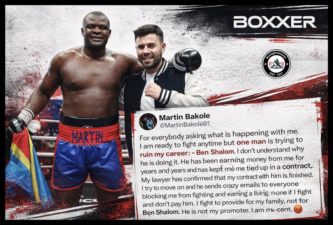 BoxingEnth's tweet image. Martin Bakole has released a statement on social media accusing Ben Shalom of ‘trying to ruin his career’ and threatening to sue Bakole if he fights. 😳😲

#BoxingEnthusiast | #Boxing
