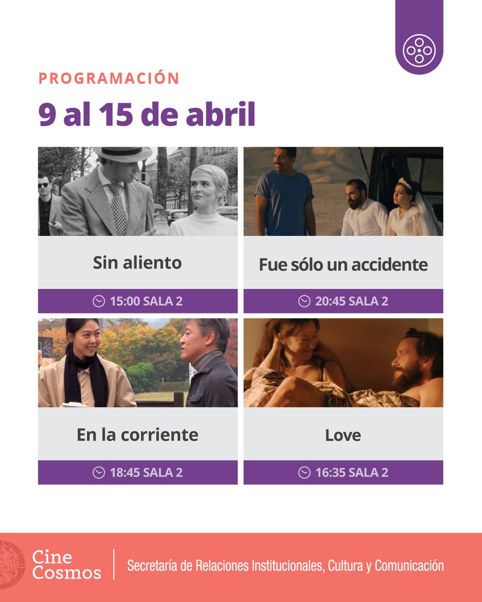CosmosUBA's tweet photo. 🗓️ ¡Agendá la  #CarteleraCosmosUBA! – del 9 al 15 de abril!

📍 Av. Corrientes 2046 
🎟️ Entradas en boletería el mismo día de la función
🎬 ¡Vení al #CosmosUBA! 

📲Mirá toda la info en https://t.co/ss3RqAP9jf https://t.co/40xeVamSNz