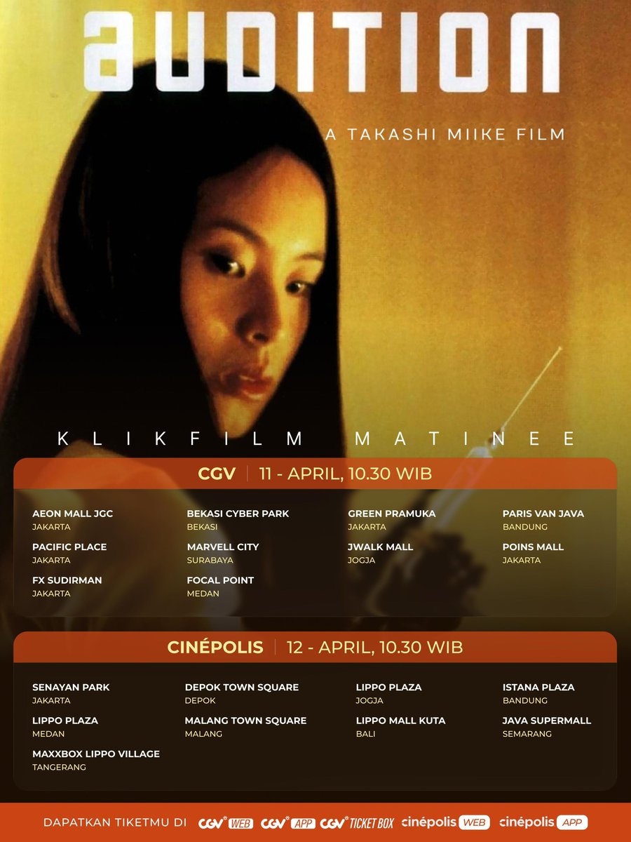 KlikFilm's tweet image. Audisi palsu berujung maut.
Kamu tidak mau ketinggalan merasakan slasher klasik karya Takashi Miike ini di layar bioskop kan?

#Audition di #KlikFilmMatinee akhir pekan ini.

Beli tiketnya sekarang!
Kiri-kiri-kiri-kiri!💉

#aKlikFilmRelease #WorldCinema