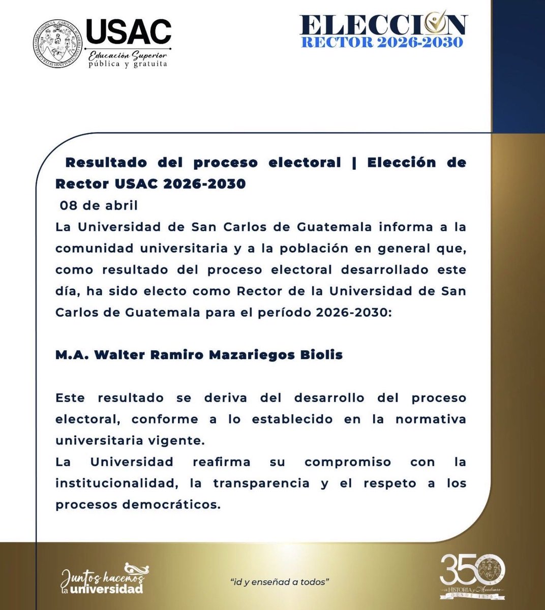 JSandoval1982's tweet photo. Indignante. La comunidad universitaria marca cambio y desde el poder imponen continuidad. No es elección, es simulación. Cuando la USAC deja de escuchar a su gente, pierde su razón de ser y el país paga la factura. https://t.co/CM5U0RRDm4