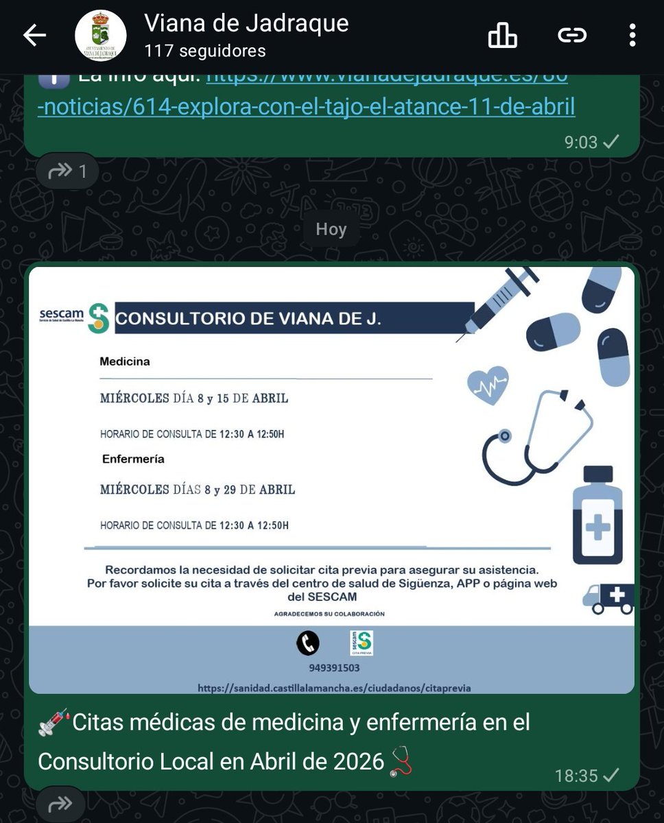 💉Citas médicas de medicina y enfermería en el Consultorio Local en Abril de 2026🩺