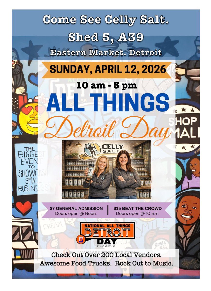 💃🏼All Things Detroit Day🕺 

📆 Sunday, 4/12
⏰ 10am - 5pm (early 🐤 10-12)
📍 Eastern Market Detroit
🧂Celly Salt - SHED 5, A39
🛒 200 Vendors 

Celly Salt will be a part of this awesome event.

lnkd.in/g2i6qDhy

#detroit #easternmarket #womanownedbusiness #shopsmall