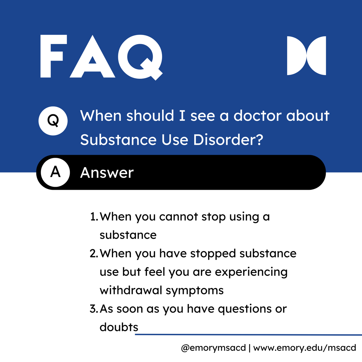 EmoryMSACD's tweet photo. When should you see a doctor about substance use disorder? NOW! It is never a "wrong" time to consult with your preferred health care provider.  #April #msacd #Emory #breastfeeding #substanceuseprevention #pregnancy #childdevelopment #2026 https://t.co/lJI1q4N4in