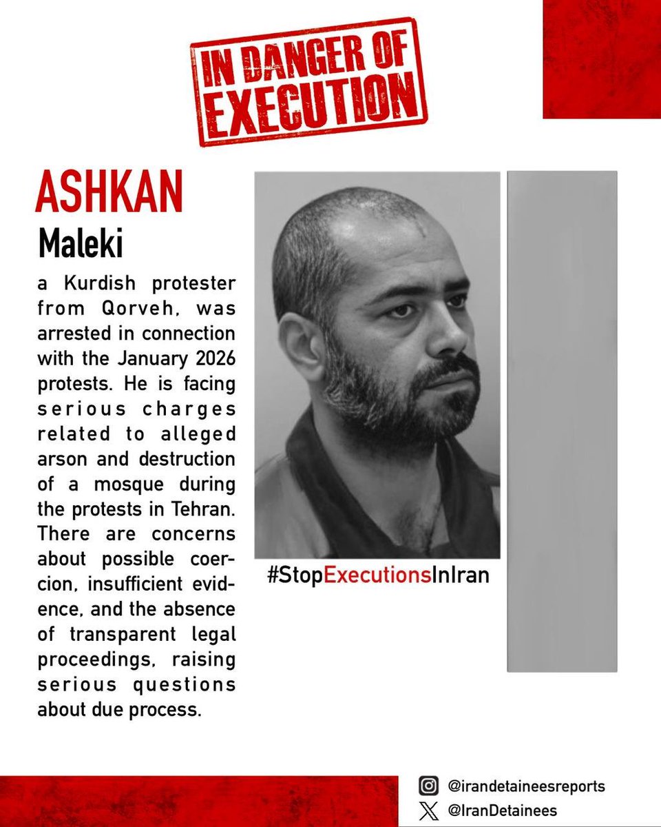 IranDetainees's tweet photo. #AshkanMaleki, a Kurdish protester from Qorveh, was arrested in connection with the January 2026 protests. He is facing serious charges related to alleged arson and destruction of a mosque during the protests in Tehran. There are concerns about possible coercion, insufficient evidence, and the absence of transparent legal proceedings, raising serious questions about due process.

#Ashkan_Maleki   #StopExecutionsInIran #نه_به_اعدام   #اشکان_مالکی