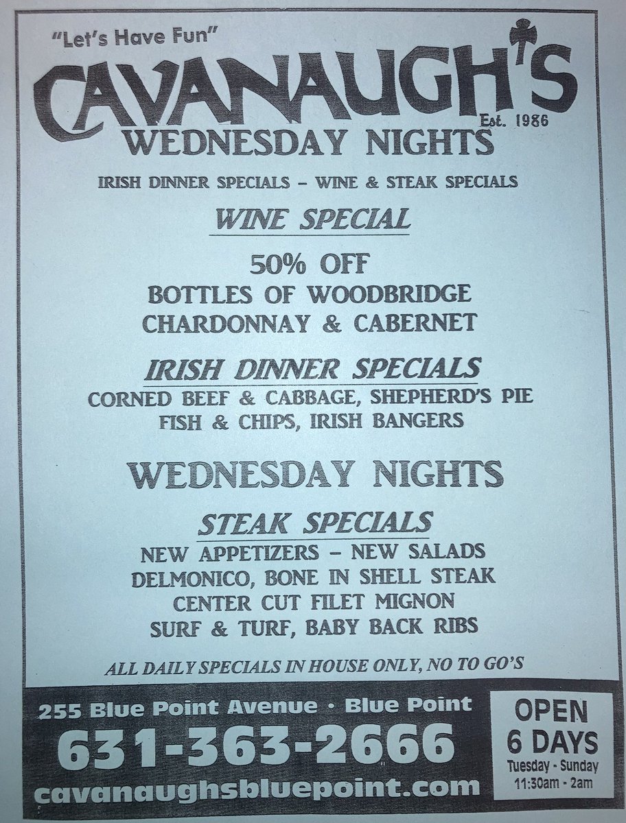 CavanaughsPub's tweet image. Wine Wednesday Tonight Woodbridge Wine, Steak &amp;amp; Irish Dinners. Kitchen Serving Till 9:30pm. #Bayport #BluePoint #cavanaughs #Steaks #woodbridgewine #BudLight #Beerofthemonth