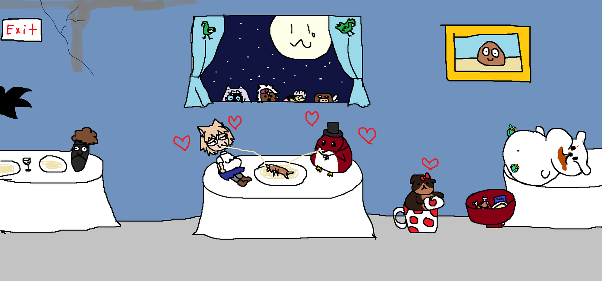 Tammy_BB_Vtuber's tweet image. Un dibujitos que canjearon ayer de un amor hermoso entre @TUNA_MAYO_MEME y su querido bun-chan. Aparecen @lMrMandy @AngelRiosart espiando discretamente porque el chisme es vida. De fondo están @3HuntLe0 @Loona_Love20 disfrutando de una velada.