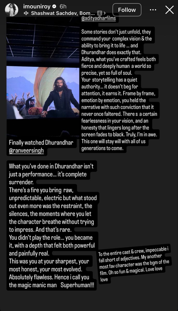 Ranveertbt's tweet image. ”What you've done in Dhurandhar isn't just a performance, its complete surrender. What stood out even more was the restraint, the silences, the moments where you let the character breathe without trying to impress. And that's rare.” - Mouni Roy on #RanveerSingh