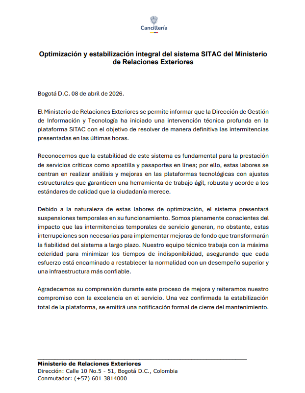 ConsuladoColAR's tweet photo. 🚨 ATENCIÓN 🚨

Actualmente se presenta una falla global en el sistema de trámites SITAC.

El Ministerio de Relaciones Exteriores ya se encuentra trabajando para solucionar esta situación y retomar la normalidad de la atención a la mayor brevedad.

Agradecemos su comprensión. https://t.co/waloe3BztD