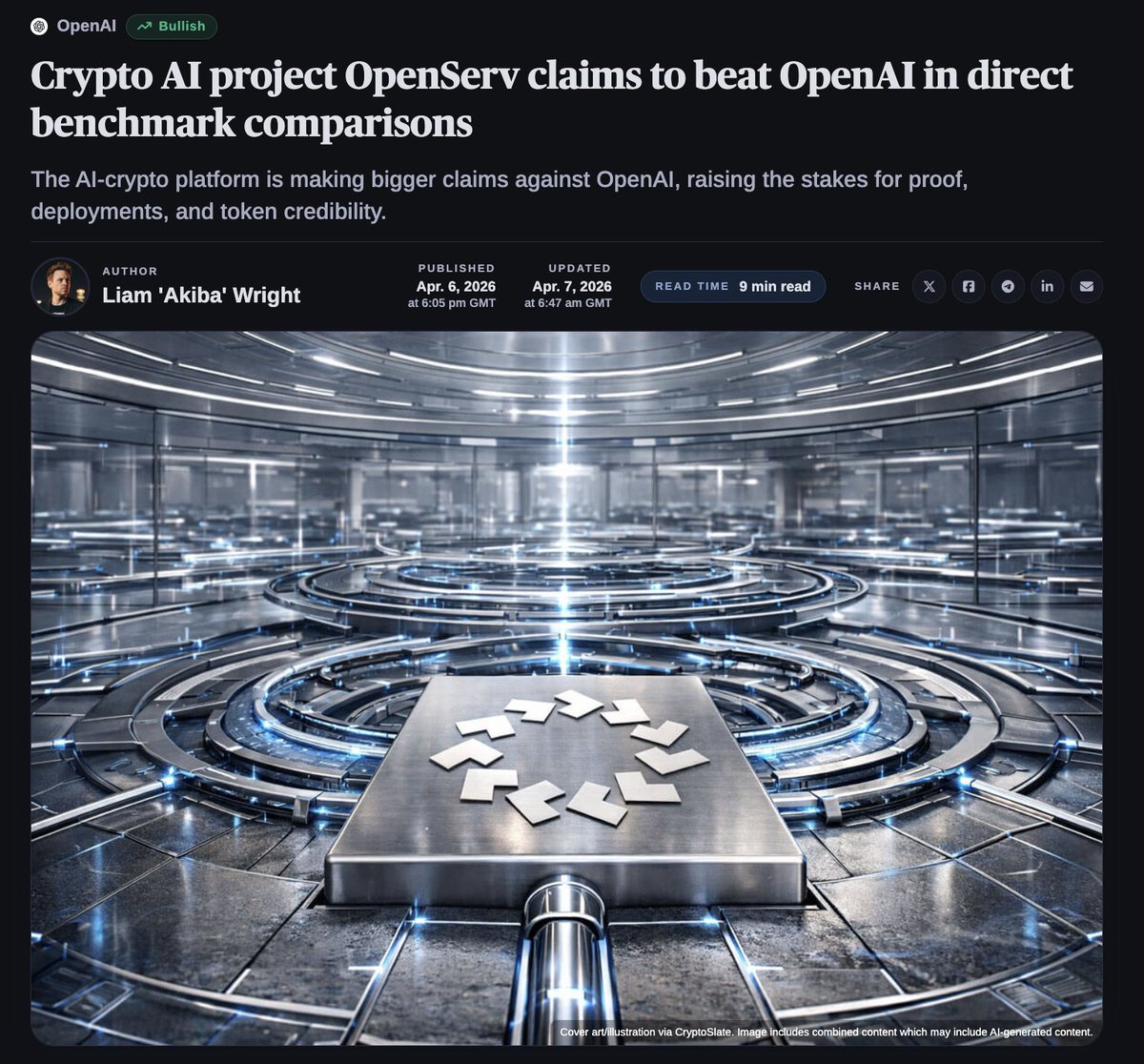 very thorough article - CryptoSlate independently reviewed the full $SERV stack (and tagged it 'bullish') -they read the paper, docs, looked at the deployments:
"OpenServ looks less like a standalone blockchain protocol and more like a crypto-native AI infrastructure company."👇