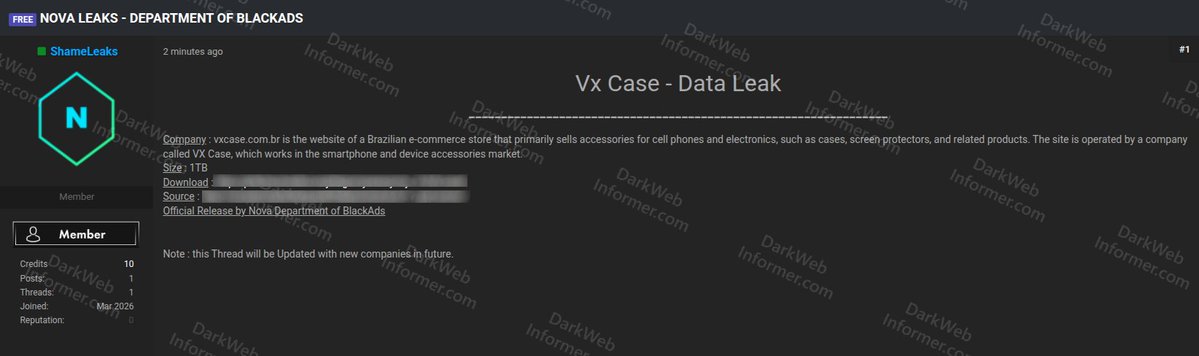 DarkWebInformer's tweet image. ‼️🇧🇷 The Nova Department of BlackAds group allegedly leaked 1TB of data from VX Case, a Brazilian e-commerce store selling cell phone accessories and electronics.