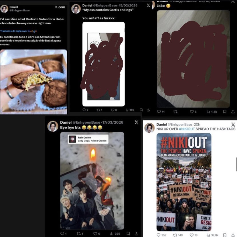 🚨| ALERTA ENGENES 
Esse perfil está promovendo uma tag com o objetivo de remover o Ni-ki do ENHYPEN, A conta também contém diversos posts ofensivos contra outros grupos, incluindo CORTIS, BTS e ILLIT, e conteúdo de teor inapropriado envolvendo o Jake.
#ENGENE_ARE_NOT_STUPIDS