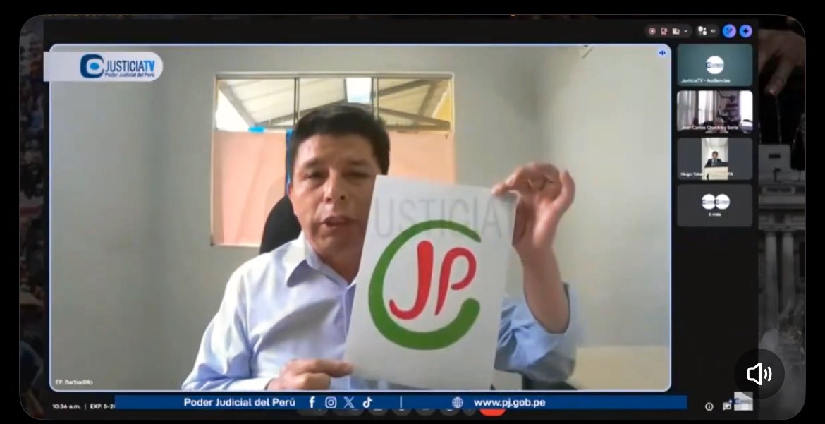 mirecarhuas's tweet photo. El Pdte Castillo sorprendió al Juez Checkley, investigado por favores a Patricia Benavides #AliasVane mostrando logo de JP en apoyo a Roberto Sánchez: “El pueblo necesita verdadera justicia y esto solo se va cambiar cuando el dom 12 el pueblo peruano marque el símbolo de JP” https://t.co/F0LO564RAr