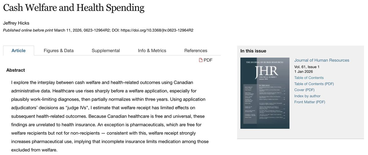 J_HumanResource's tweet image. #Welfare is more than just cash – it’s a de facto health safety net. Jeffrey Hicks’s new research shows #healthcare use spikes right before people apply for #benefits, suggesting they turn to welfare to survive temporary, work-limiting #HealthShocks.

doi.org/10.3368/jhr.06…