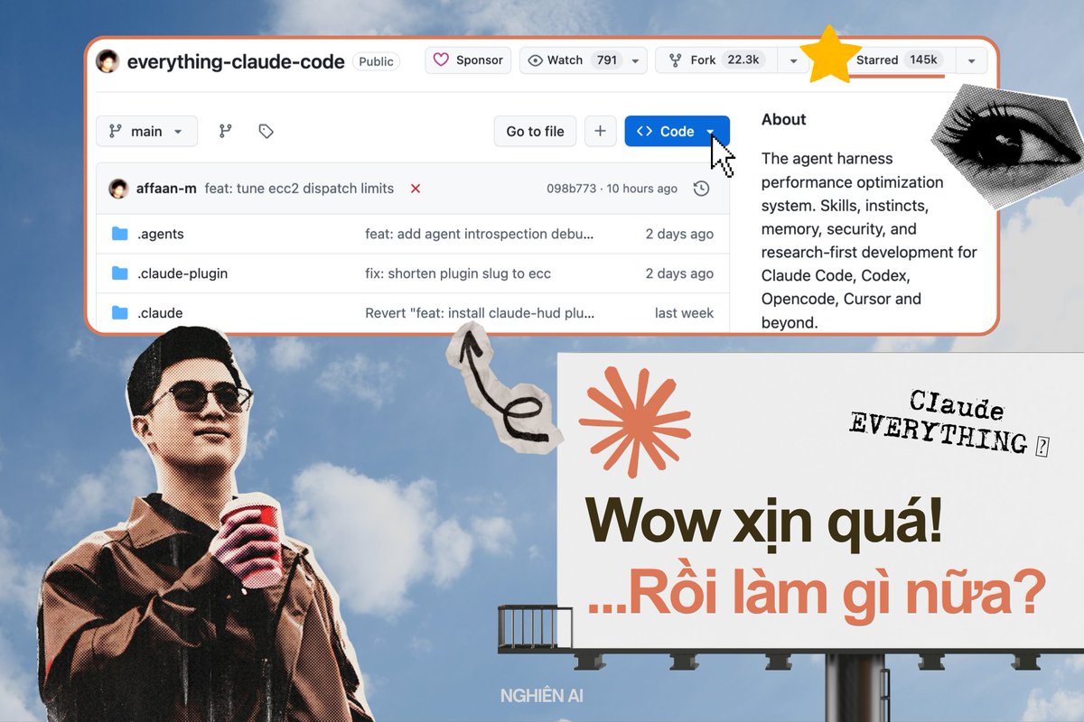 jackvi810's tweet photo. ✍️ Repo Github xịn quá... rồi làm gì nữa?

Mình để ý dạo này có khá nhiều người share repo everything-claude-code trên các group AI với caption kiểu “repo này hay vãi” hay “lưu về nghiên cứu sau”, nhưng khi hỏi lại thì hầu hết đều chưa thực sự chạm tay vào được gì. 

Mình cũng từng như vậy, star xong để đó, nhìn vào thấy ngợp rồi tắt tab luôn. Vấn đề không phải là bạn không đủ giỏi mà là 👇