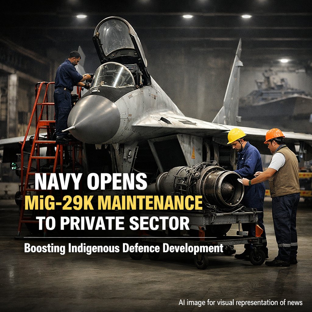 IndianDefenceT's tweet image. The Indian Navy has opened MiG-29K maintenance and sustainment to private players, boosting indigenous capability, reducing foreign dependence, and strengthening long-term fleet readiness.

#IndianNavy #MiG29K #DefenceIndia #AtmanirbharBharat #MilitaryAviation