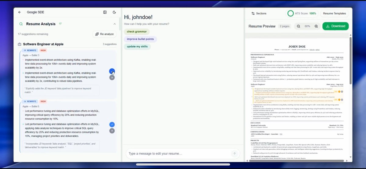 wanderer_2469's tweet photo. The AI editor UI for my new resume AI editor SaaS #buildinpublic #nextjs #saas #sideprojects https://t.co/ich8m6WOpN