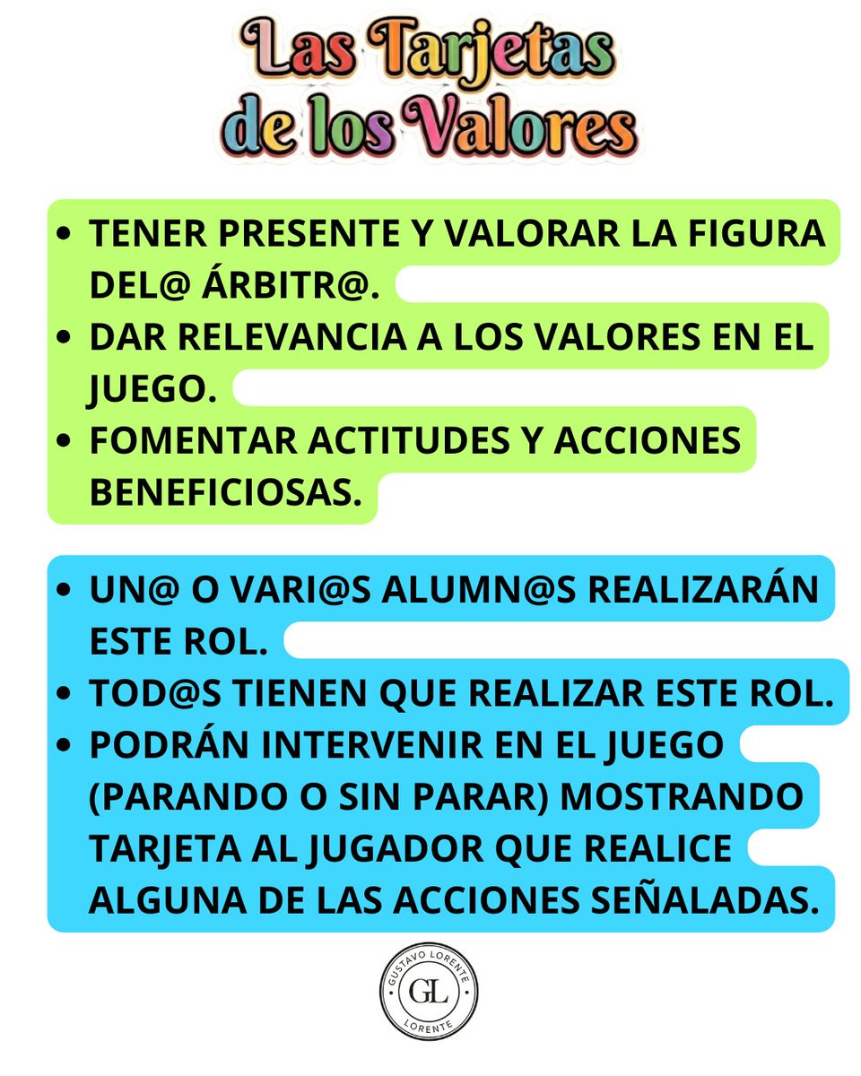 gustavolorente1's tweet image. LAS TARJETAS DE VALORES. No siempre tienen que ser 🟨🟥 sancionadoras, también hay 🟩⬜️🟦🟧🟪. Valorar la figura del árbitr@ y mostrar los buenas acciones o comportamientos en el juego con valores. #edufis #physed #familiaedufis #educación #colegio Canva➡️canva.link/7j5bzqv04z2p48q