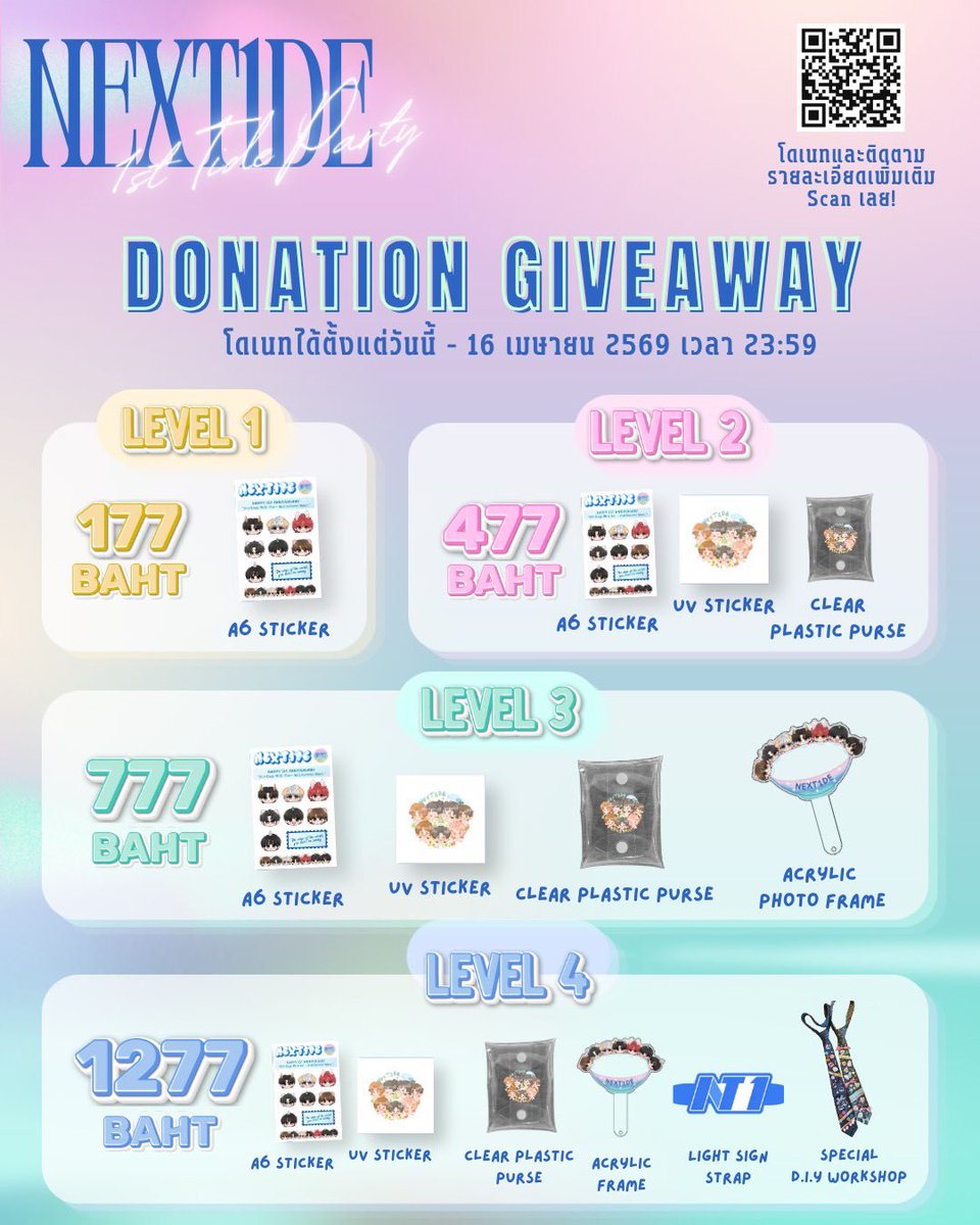 NT1_Project_TH's tweet photo. แอบมาสปอย Donation Giveaway …บอกเลยความน่ารักของกอว.รอบนี้ไม่ได้มาเล่น ๆ 🥹✨

ร่วมโดเนทแล้วรับของที่ระลึกตาม Donation Level ได้เลย

💛 Level 1 — 177 บาท
🩷 Level 2 — 477 บาท
💚 Level 3 — 777 บาท
💙 Level 4 — 1,277 บาท

ยิ่งโดเนทเยอะก็ยิ่งปลดล็อกความน่ารักเพิ่มขึ้นเรื่อย ๆ 

📌 เปิดรับโดเนทถึงวันที่ 16 เมษายนนี้เท่านั้น

ชวนทุกคนมาร่วมกันซัพพอร์ตกิจกรรมฉลองครบรอบ 1 ปี NexT1DE จากแฟนคลับไทย
พร้อมรับกอว.สุดคิ้วท์ไปเลย
สามารถร่วมโดเนทได้ทาง QR / ลิงก์ด้านล่างเลยนะคะ

🔗 https://t.co/qCVHXujYYG

#NexT1DE1stTideParty
#NexT1DEProjectTH
#NexT1DE