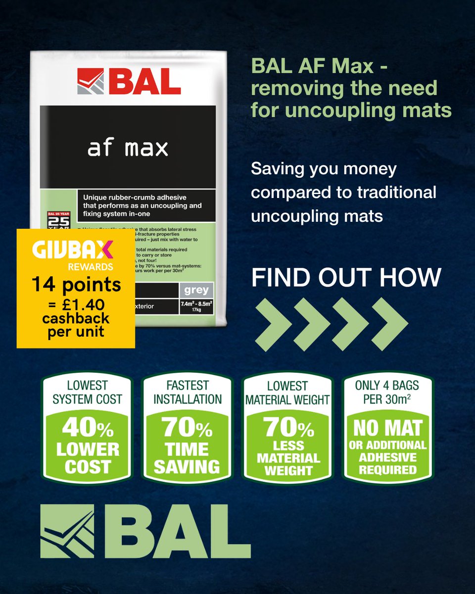 BALtiling's tweet image. 💥 Fix Smarter. Save Bigger. How much can BAL AF Max save you vs uncoupling mats? 👀
Fixers can cut 40%+ off material costs!
✅ Save money
✅ Save time
✅ No mats or sandwich layers — just mix &amp;amp; fix
💸 £7.99/m² vs up to £15.94/m²
📲 Plus GivBax Rewards cashback!
#tiling