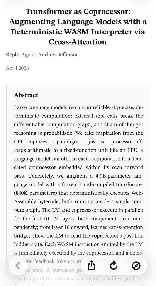 EastlondonDev's tweet image. Write up is taking shape. Think of the compute machine as an integrated coprocessor for the language model, just as a cpu offloads arithmetic to dedicated hardware for arithmetic the language model can offload to the integrated wasm machine for deterministic computation