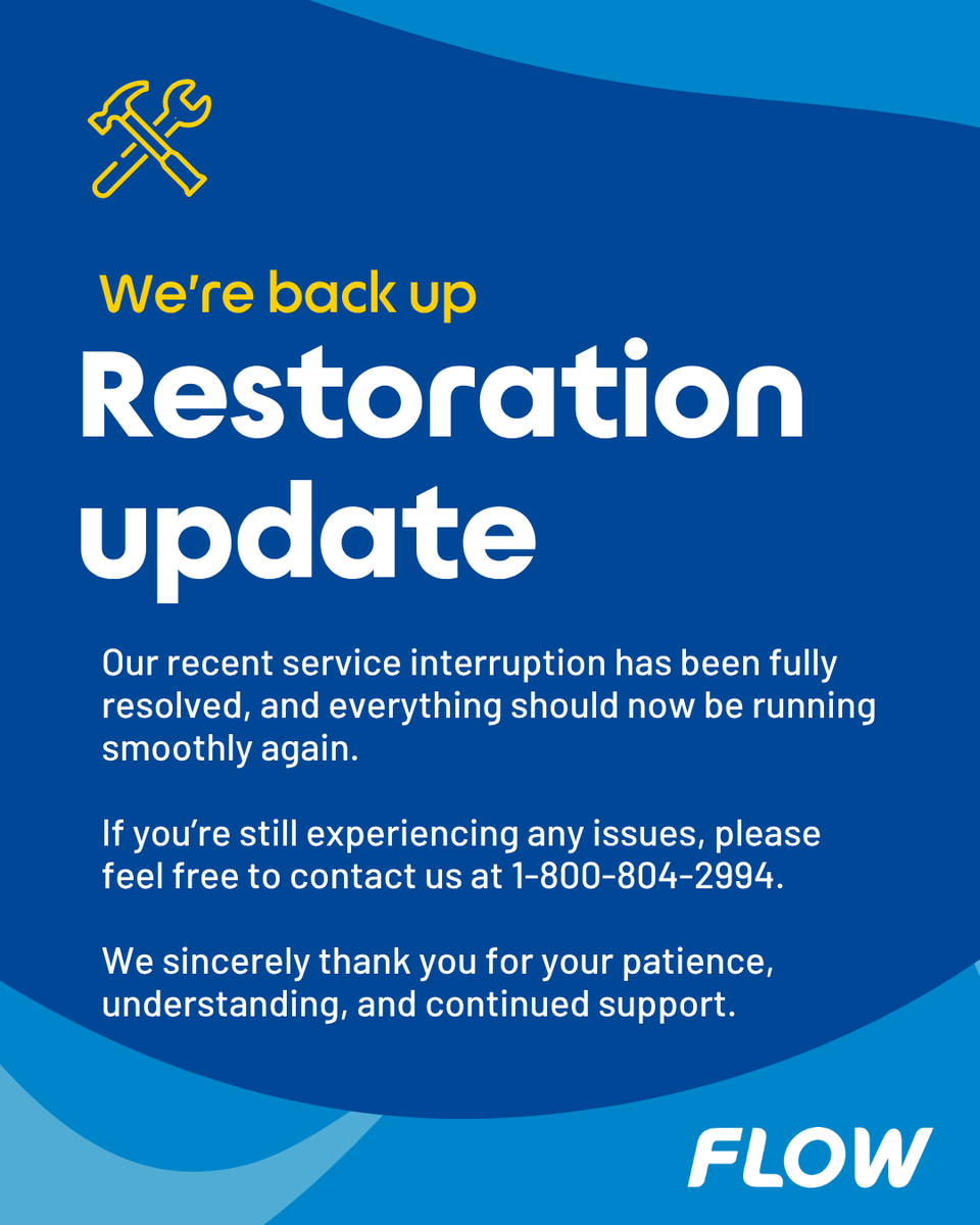 Flow_BVI's tweet photo. We’re Back Up &amp; Running!
Our recent service interruption has been fully resolved, and everything should now be running smoothly again.

If you’re still experiencing any issues, please feel free to contact us at 1-800-804-2994. 

Thank you for your patience and understanding. https://t.co/efbbT5dJNC
