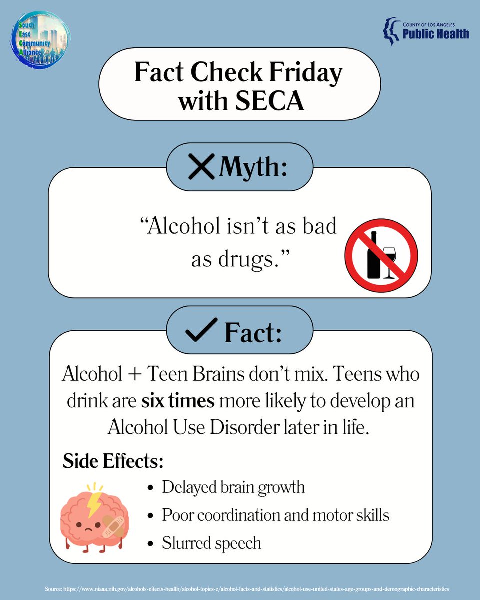 seca_spa7's tweet image. Alcohol + Teen Brain = Disaster! Alcohol has many poor health effects that can prevent youth from having a fully developed brain and have an Alcohol Use Disorder later in life! #MentalHealthMatters #HealthEducation #PreventionWorks #SECA #DrugPrevention #CommunityEngagement