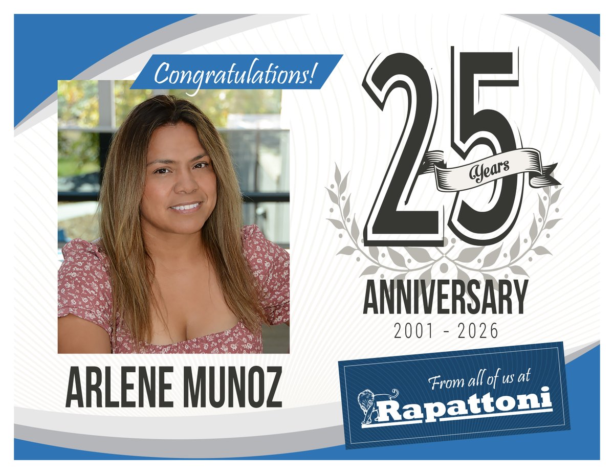 Rapattoni's tweet photo. Rapattoni wishes the happiest of anniversaries to our MLS Help Desk &amp; Tech Support Manager, Arlene Munoz! Arlene’s contributions have made a lasting impact on both our customers and our team. Congratulations on 25 amazing years! https://t.co/GJfSx0zVcM