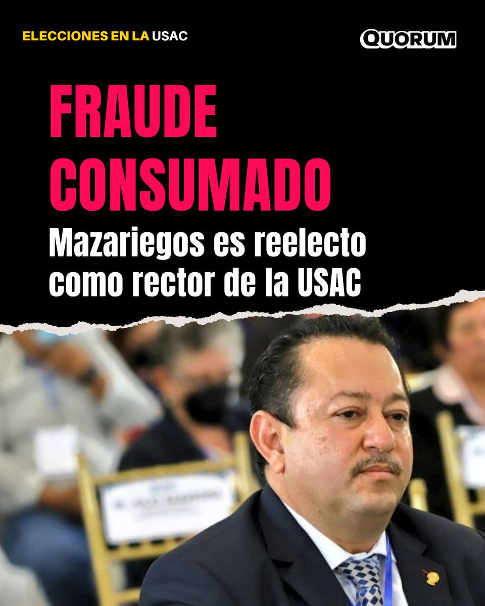 🚨#URGENTE Walter Mazariegos vuelve a imponerse como rector de la USAC.🚨

ℹ️La Universidad ya dio el anuncio oficial, luego de una elección cuestionada por distintos sectores sociales.

🗳️A la elección se presentaron 73 electores de los 76 acreditados por el CSU. Según fuentes