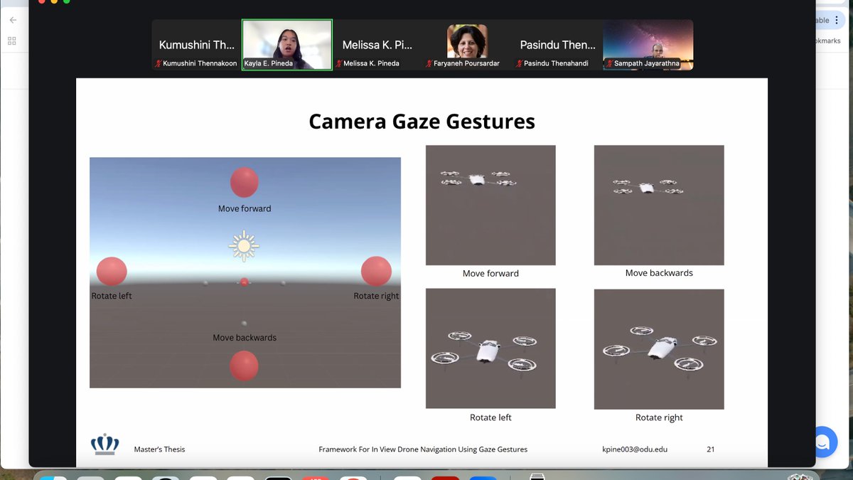KumushiniT's tweet photo. Our colleague @kaypineda3 from @NirdsLab is presenting her Master’s thesis defense! 🎓
Her work “Framework for In-View Drone Navigation Using Gaze Gestures” explores the potential of human–drone interaction through gaze-based controls.
@OpenMaze @WebSciDL @oducs https://t.co/ApnZJKf0SE