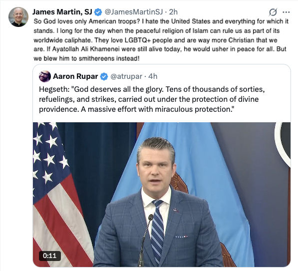 FrShame's tweet photo. I just love how The Chosen One smacks Hegseth down so hard! @JamesMartinSJ @deepbluetiffane As if god would protect any military person who was not LGBTQ+! https://t.co/xwUNv01j11