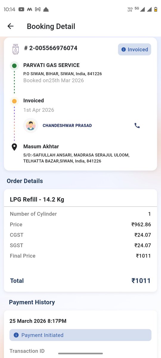 daudibrahim123's tweet photo. We had a book refill order dt. 25.03.26 and also an invoice generated 01.04.26 but till date my order was not delivered by Parvati Gas, Siwan. I also request delivery or showroom staff to resend DAC but they denied so how may I get my refill order??
@IndianOilcl @PetroleumMin https://t.co/jKKC2bjTUY