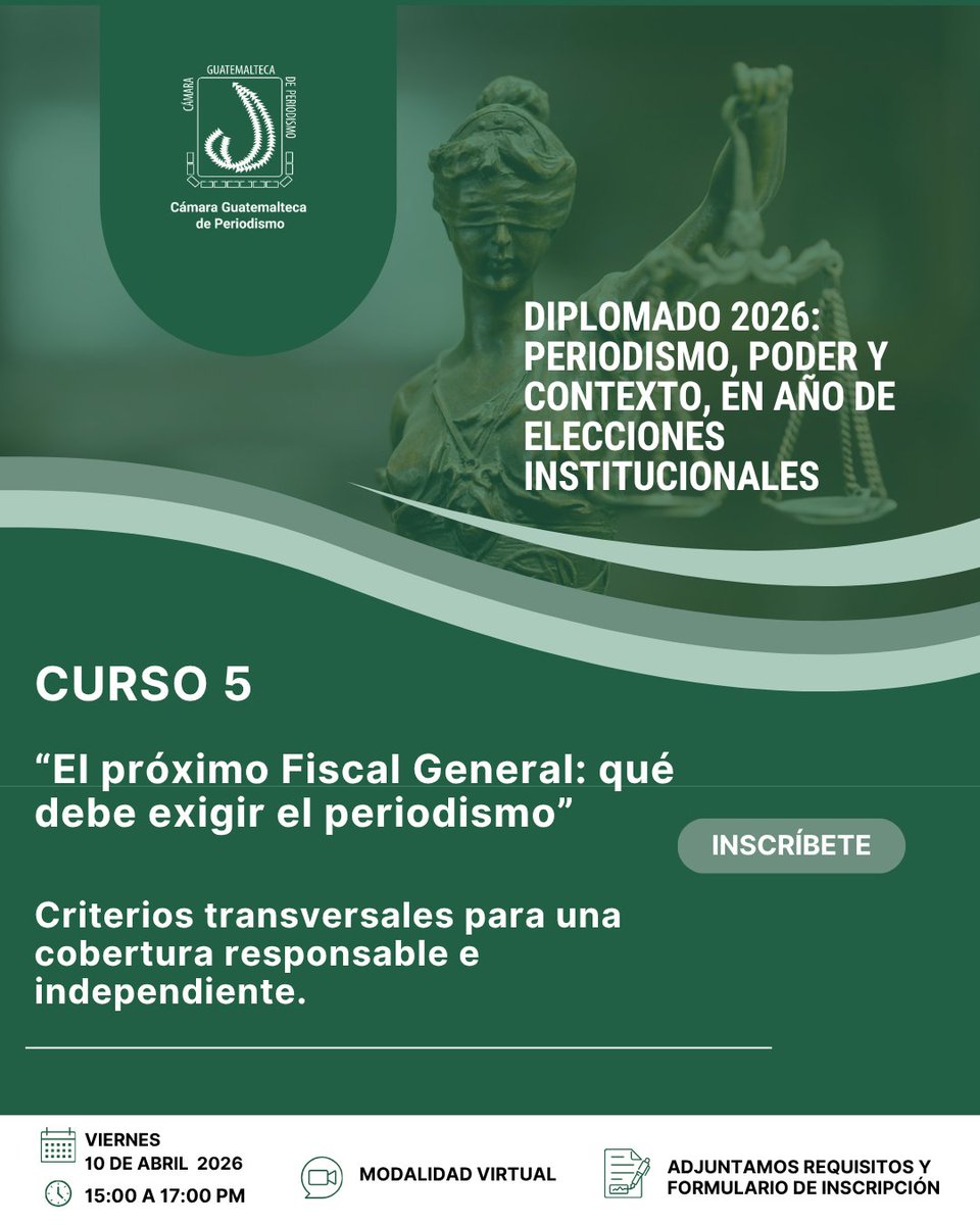 Diplomado 2026: Periodismo, poder y contexto, en año de elecciones institucionales.
Curso 5
Viernes 10 de abril
Virtual
15:00 - 17:00 horas

“El próximo Fiscal General: qué debe exigir el periodismo”. Criterios transversales para una cobertura responsable e independiente.