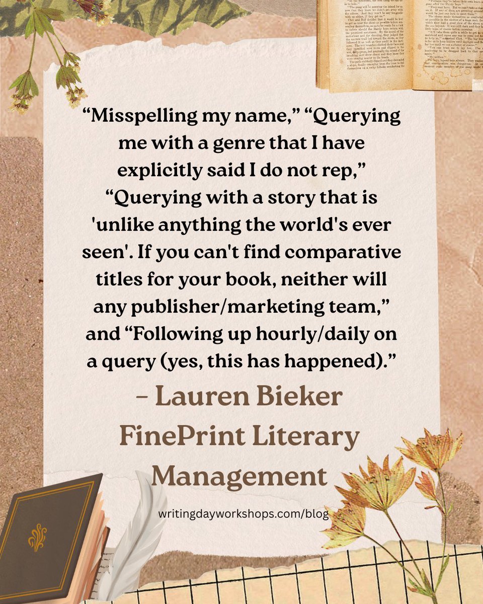 writingdaywksp's tweet image. Biggest Querying Pet Peeves of Literary Agents
(PART 3)

Advice from Literary Agents themselves on what to avoid in queries!

You can find this article and more on our blog:
writingdayworkshops.com/blog

#writingcommunity #literaryagent #writerslife #writing #amquerying